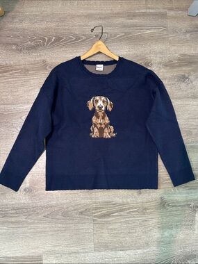 Navy Crewneck Sweater with Brown Puppy Intarsia - Dog Motif